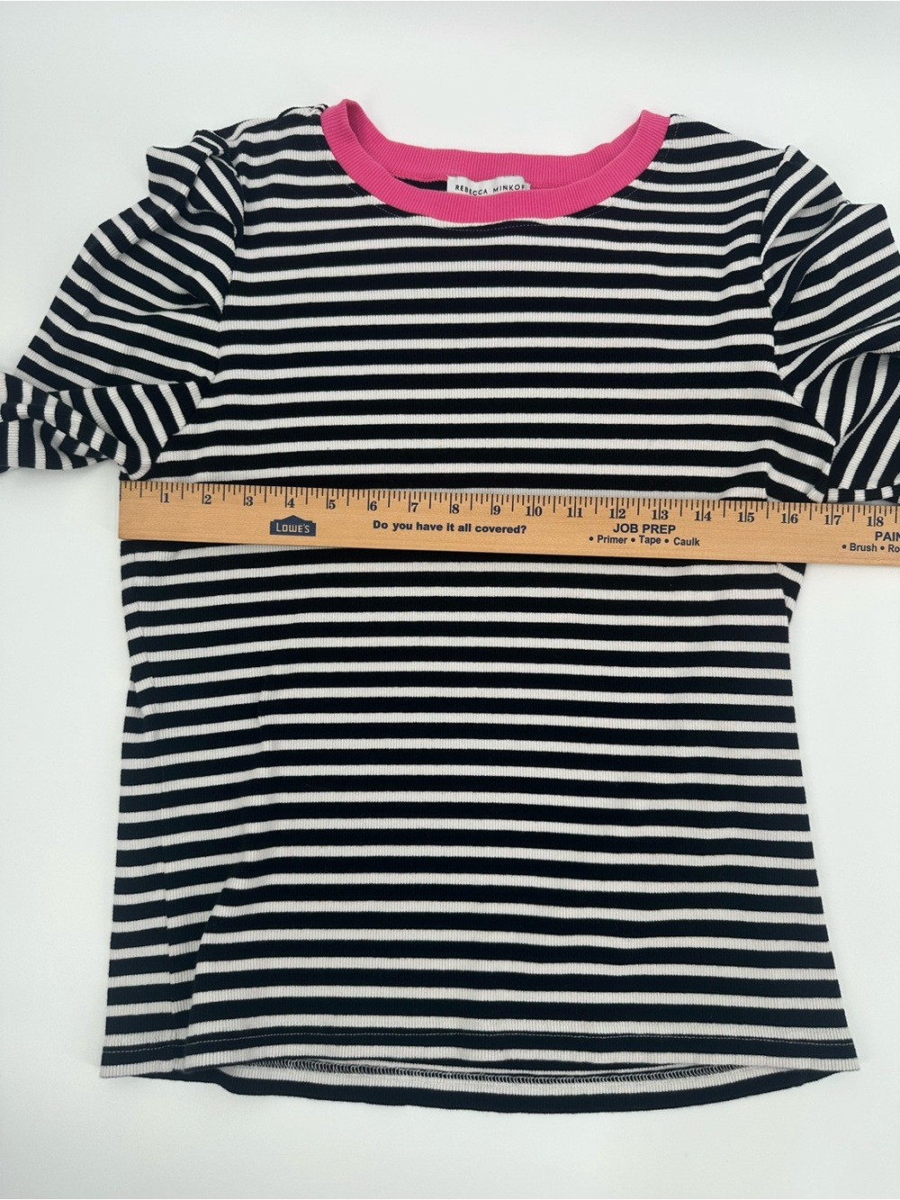 Rebecca Minkoff Ribbed Striped Puff Sleeve Top Large Black White Pink Cotton Str - Picture 5 of 9